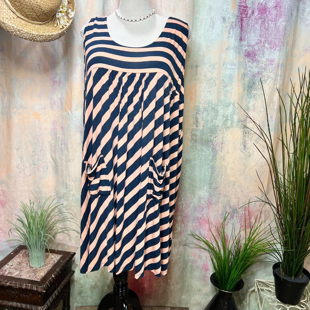 📌bpc Striped Empire Waist Casual Hip-friendly A-Line Dress w/ Patch Pockets